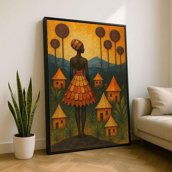 Bold African Woman In Village Scene Canvas Wall Art Print Warm Living Room Decor Statement Piece