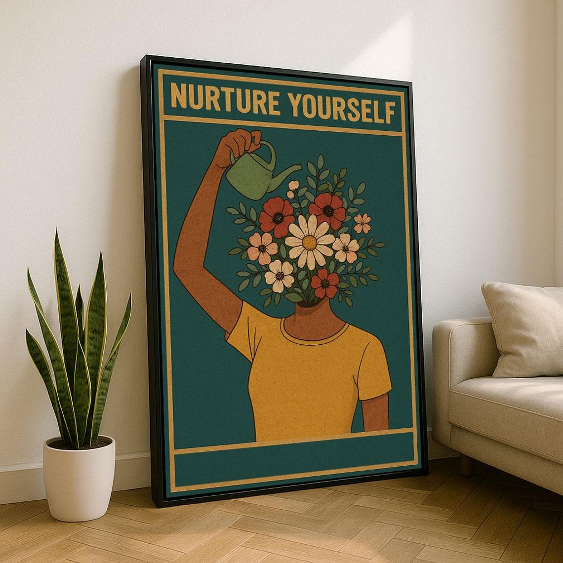 Nurture Yourself Retro Botanical Self Care Floral Head Art Poster