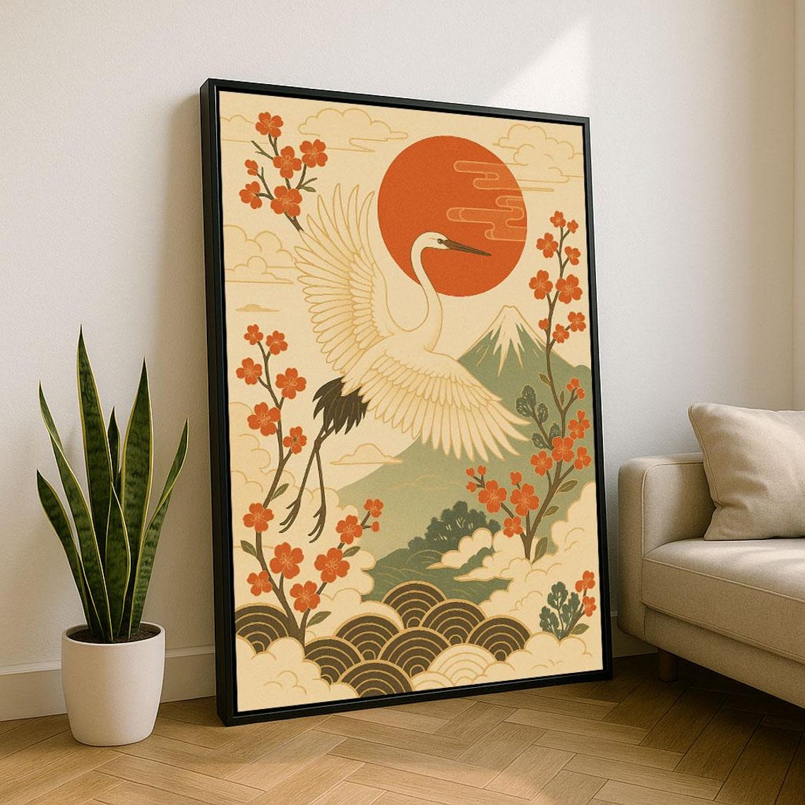 Japanese Crane Flying Red Sun Cherry Blossoms Wave Art Poster