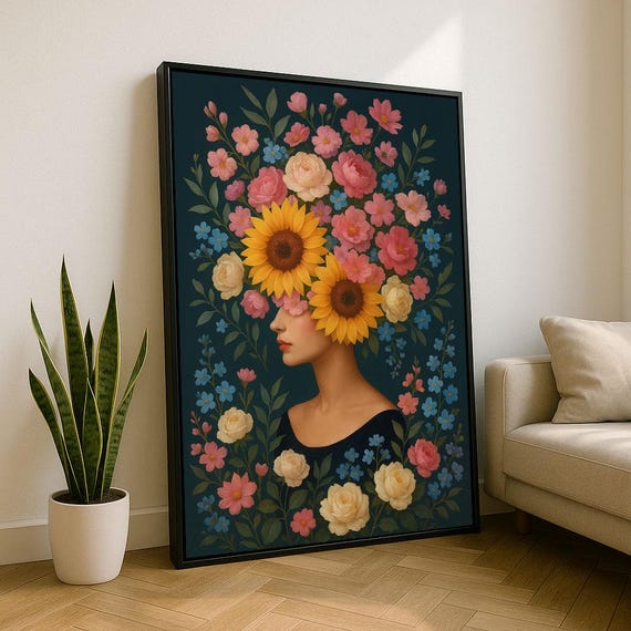 Elegant Floral Woman Portrait Canvas Wall Art Print Bold Living Room Decor Statement Piece