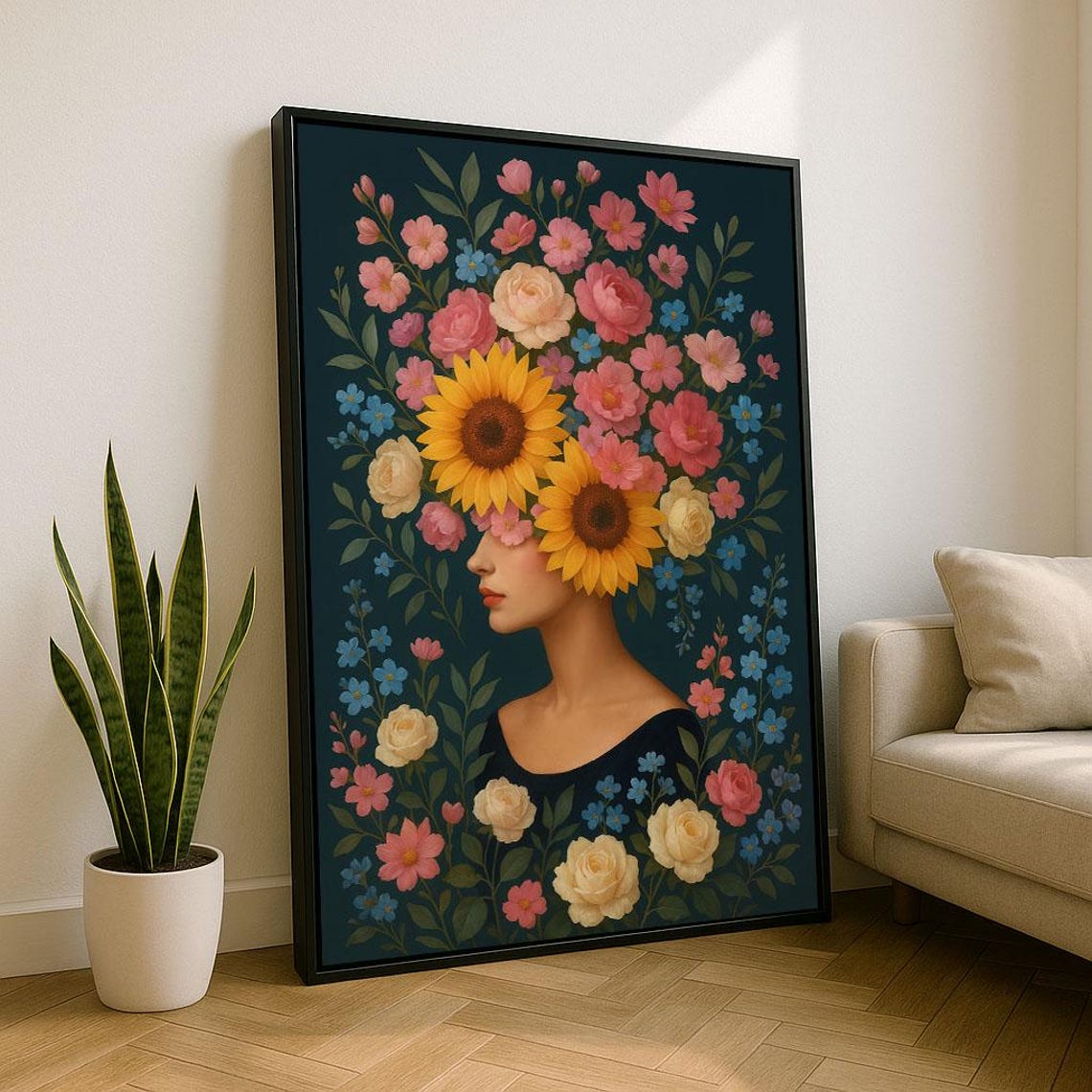 Elegant Floral Woman Portrait With Sunflowers Roses Botanical Poster