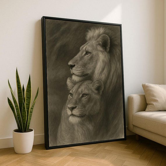Majestic Lion Pair Portrait Canvas Wall Art Print Neutral Living Room Decor Statement Piece