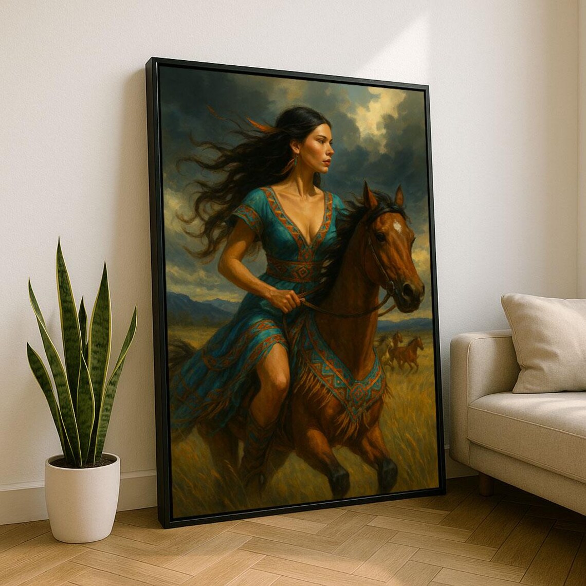 Native-Inspired Woman Riding Horse Stormy Plains Western Art Poster