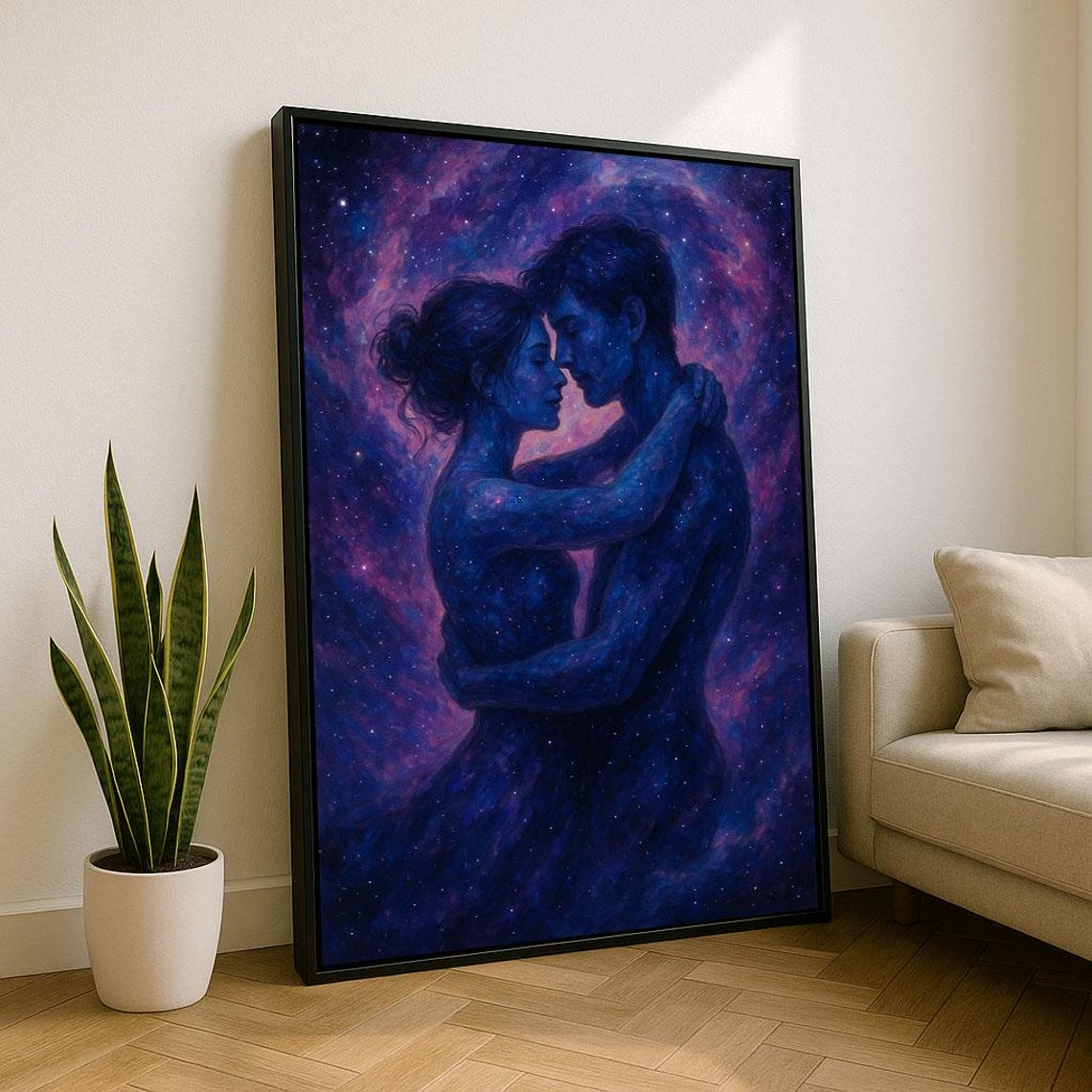 Lovers Embracing Beneath a Purple Galaxy Starry Cosmic Romance Poster