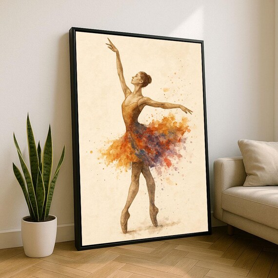 Elegant Ballerina Watercolor Canvas Wall Art Print Warm Tones Living Room Decor Statement Piece