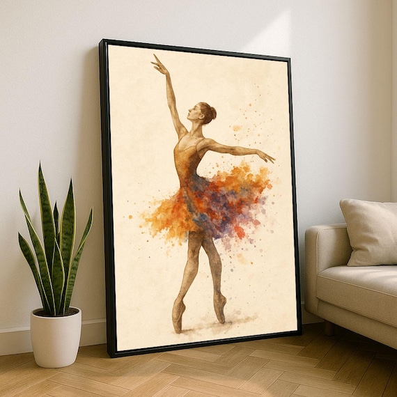 Watercolor Ballerina Dancing with Splash Paint Tutu Artwork Poster