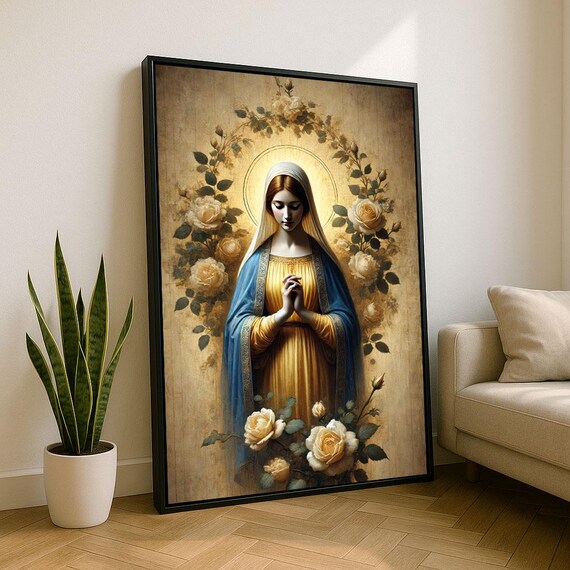 Virgin Mary White Roses Halo Golden Robe Religious Devotion Art Poster