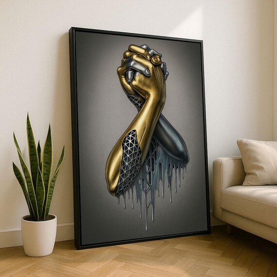 Gold And Silver Clasped Hands Metallic Unity Sculpture Art Poster