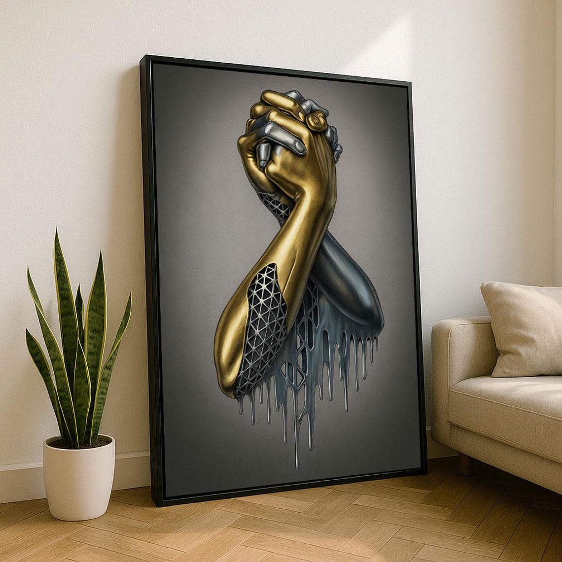Gold And Silver Clasped Hands Metallic Unity Sculpture Art Poster