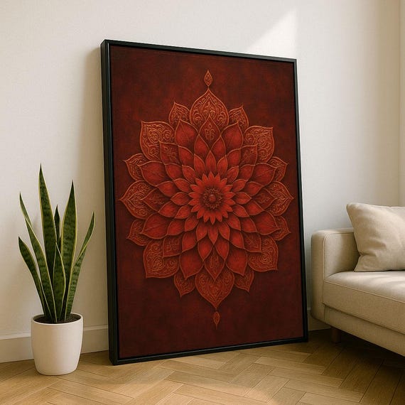 Intricate Deep Red Mandala Lotus Flower Boho Zen Spiritual Home Art Print