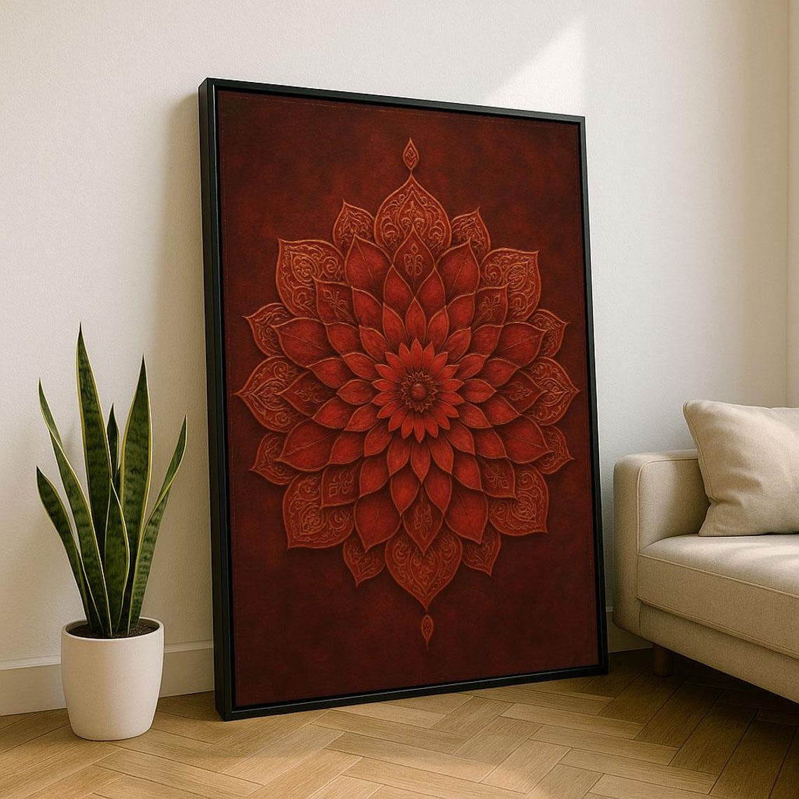 Intricate Deep Red Mandala Lotus Flower Boho Zen Spiritual Home Art Print