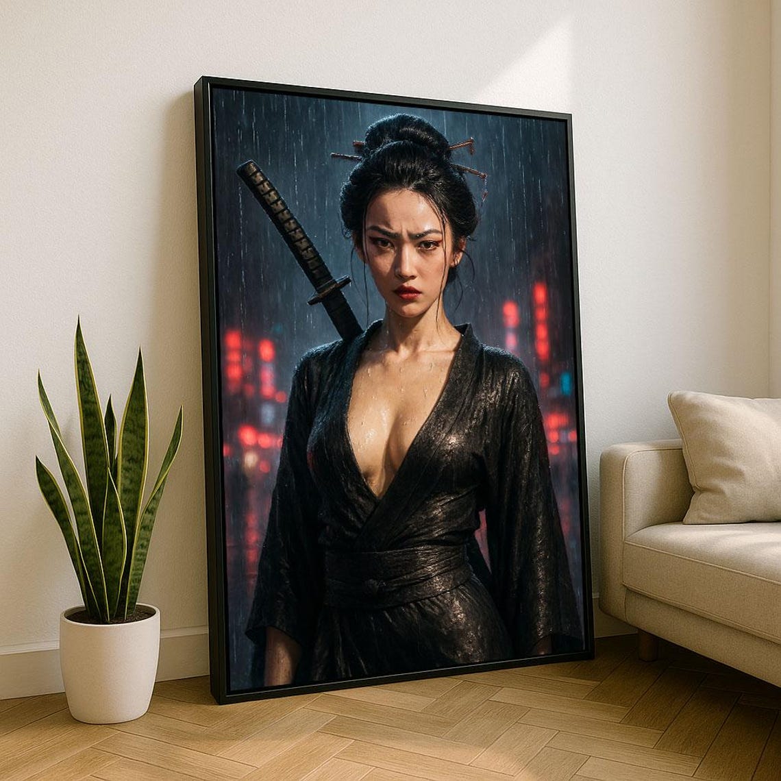 Fierce Samurai Woman Rainy Night Neon City Cinematic Katana Poster