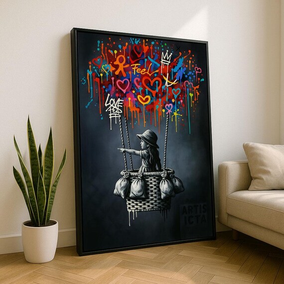Vibrant Street Art Girl In Balloon Canvas Wall Print Colorful Living Room Decor Statement Piece