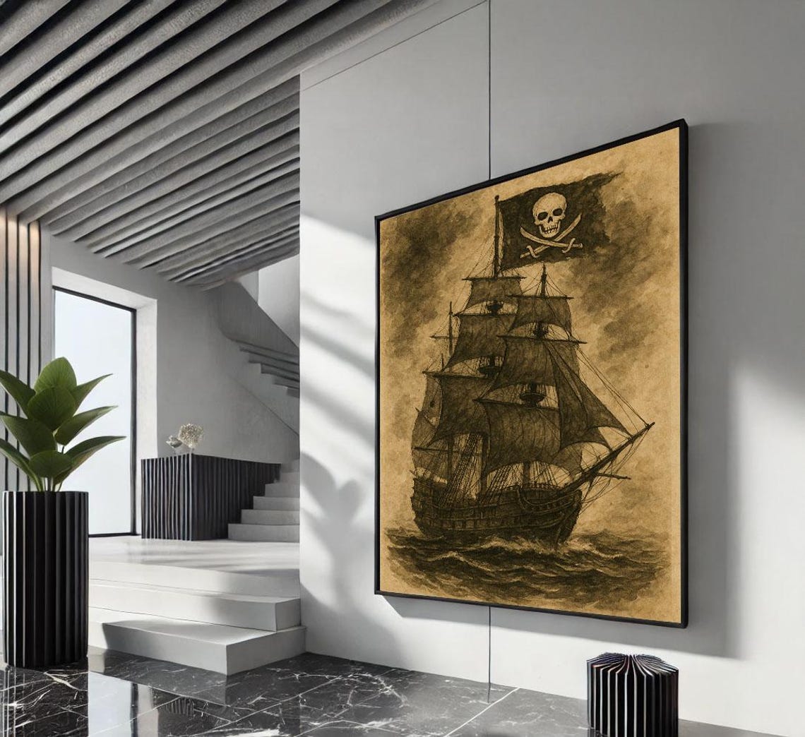 Vintage Sepia Pirate Ship With Skull Flag Old Paper Art Poster