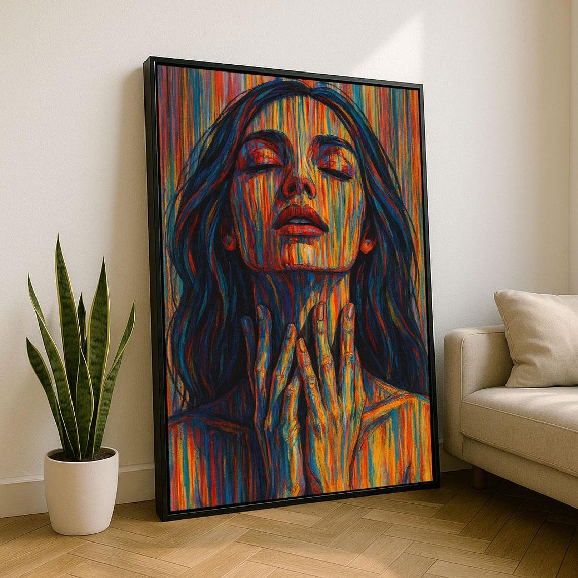 Colorful Striped Woman Portrait Eyes Closed Abstract Art Poster
