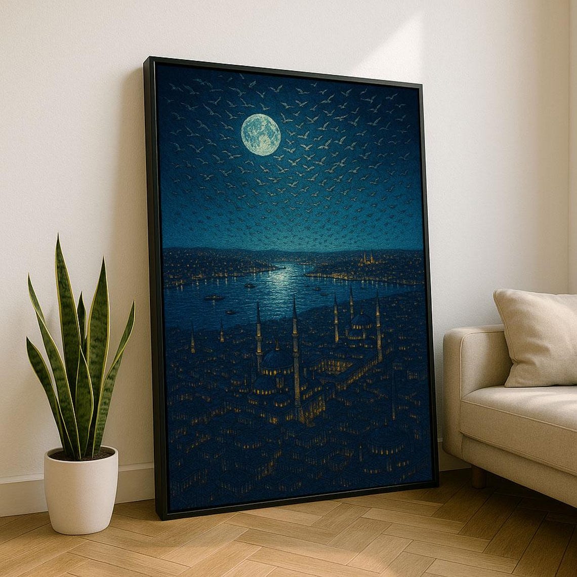 Moonlit Istanbul Cityscape Night Blue Sky Seagulls Mosque Print