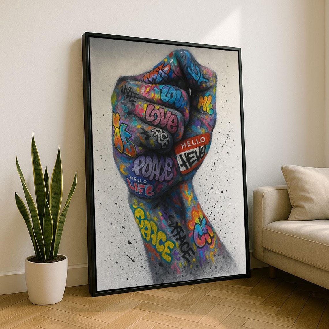 Graffiti Fist Love Peace Tattoo Words Colorful Motivational Art Poster