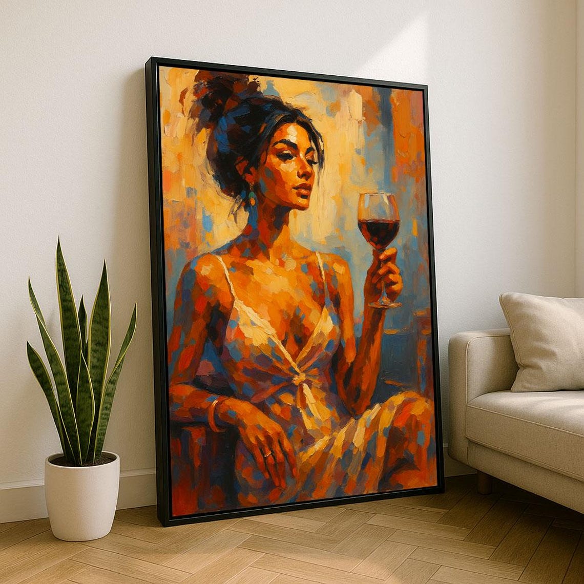 Elegant Woman With Wine Glass Warm Expressionist Oil Art Poster