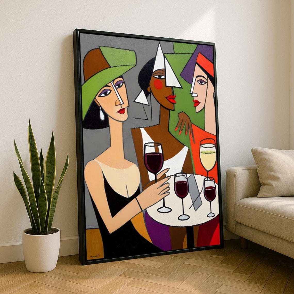 Cubist Women Friends With Wine Glasses Abstract Modern Art Poster