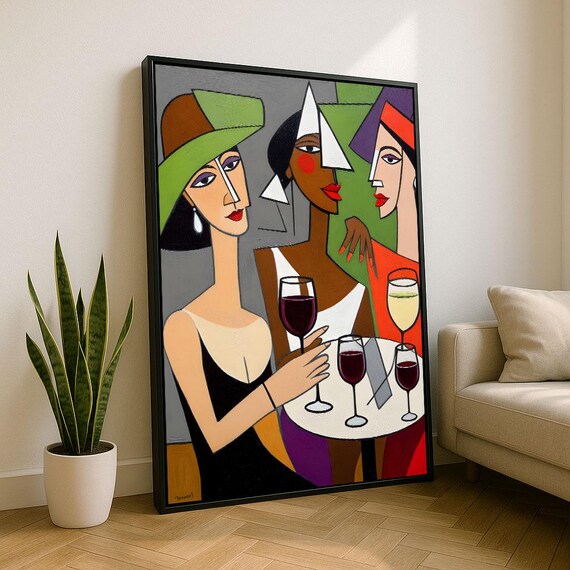 Cubist Women Friends With Wine Glasses Abstract Modern Art Poster