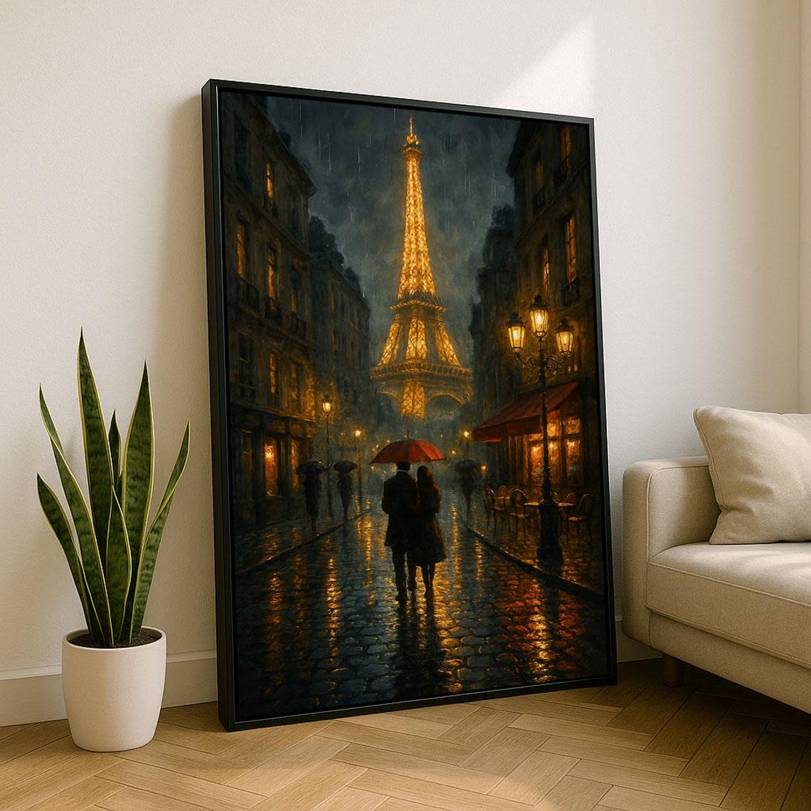 Paris Eiffel Tower Rainy Night Romance Couple Umbrella Art Poster
