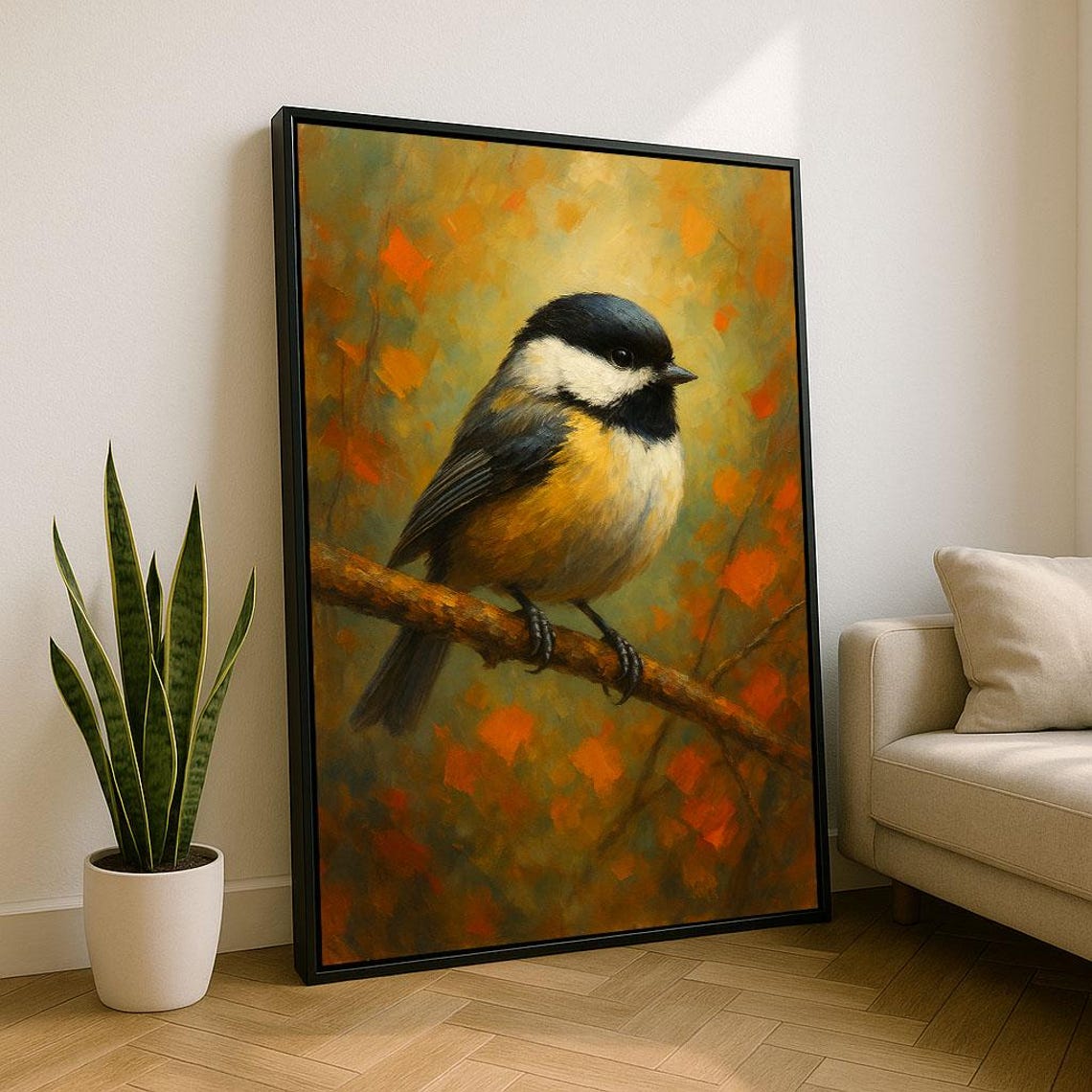 Chickadee Bird On Branch Autumn Tones Realistic Painting Print