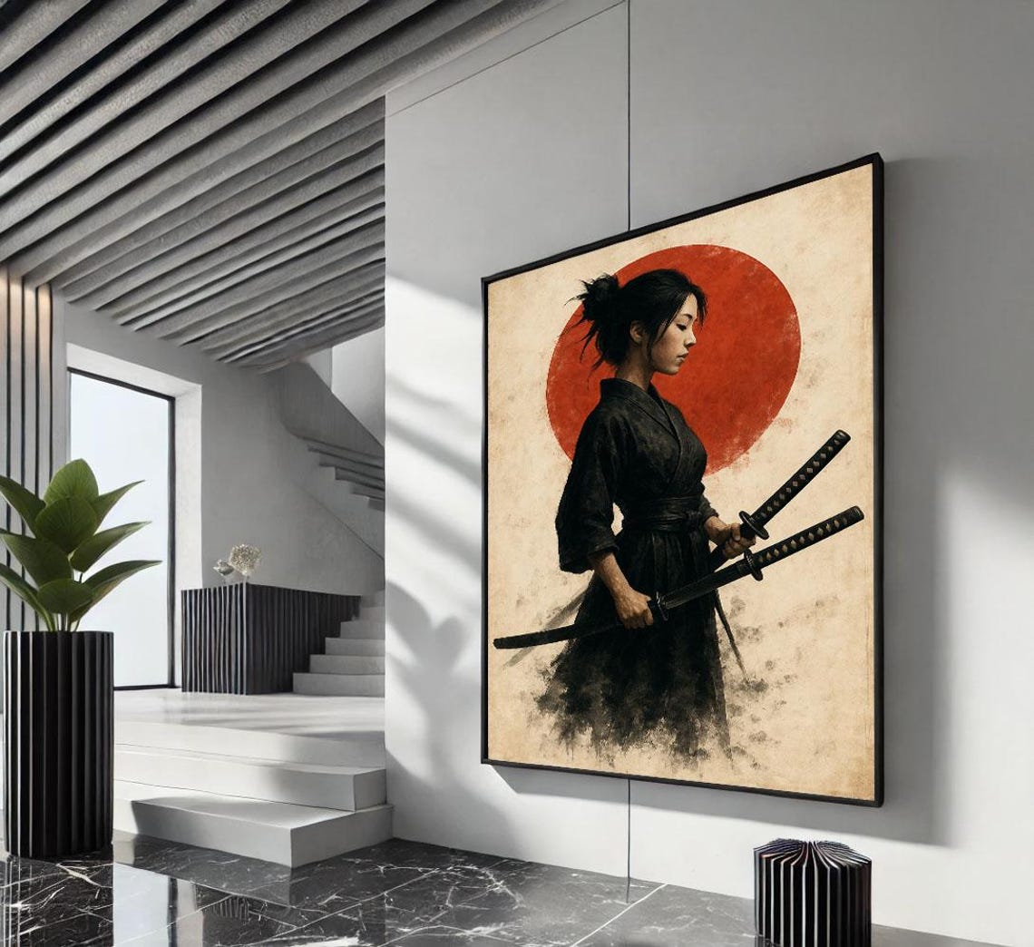 Samurai Woman With Twin Katanas Before Red Rising Sun Poster