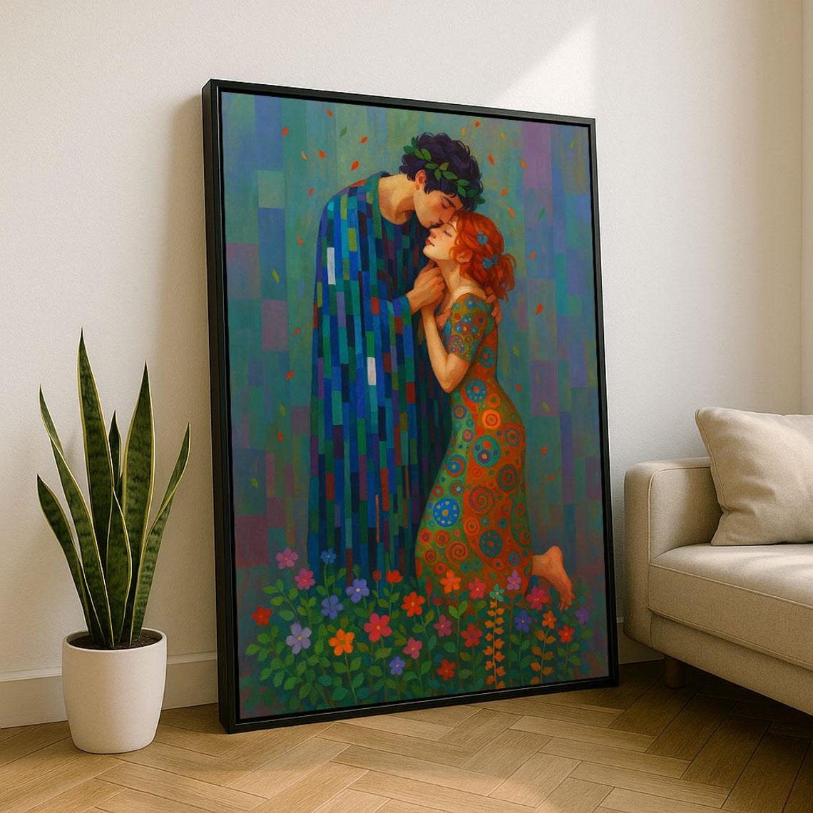 Colorful Couple Embrace In Patterned Robes Klimt Style Love Poster
