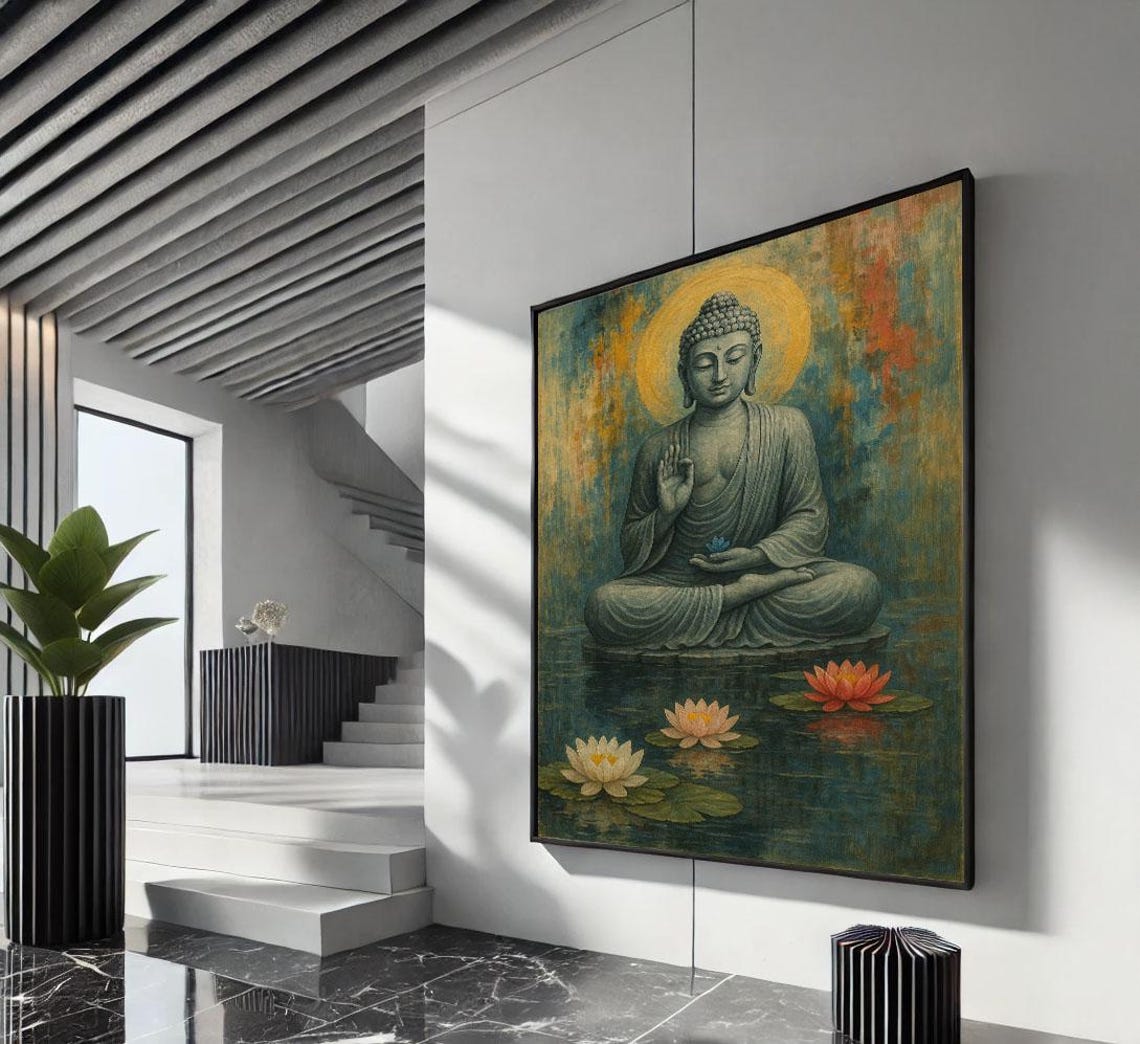 Serene Buddha Meditating Water Lotus Gold Teal Tranquil Poster