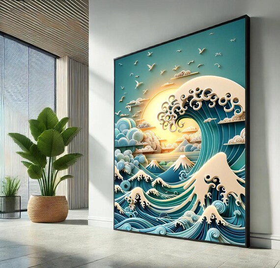 Great Wave Off Kanagawa 3D Paper Cut Style Japanese Sunrise Ocean Poster