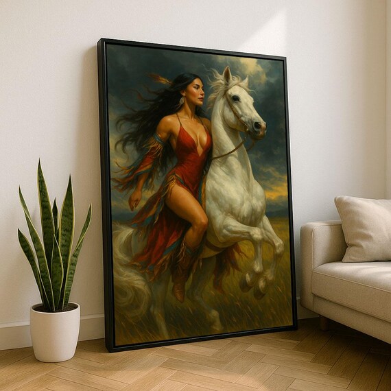 Bold Woman On White Horse Red Dress Stormy Sky Dramatic Art Poster