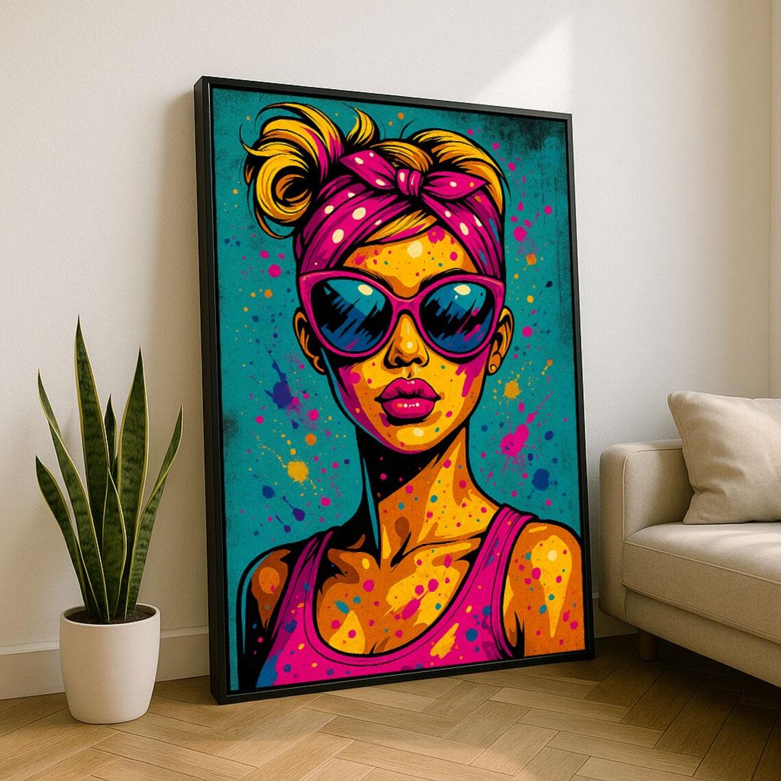 Vibrant Pop Art Woman With Sunglasses Canvas Wall Print Colorful Living Room Decor Statement Piece