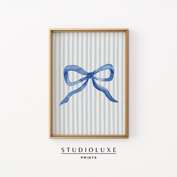 Blue Bow Nursery Decor, Preppy Coquette Art Print