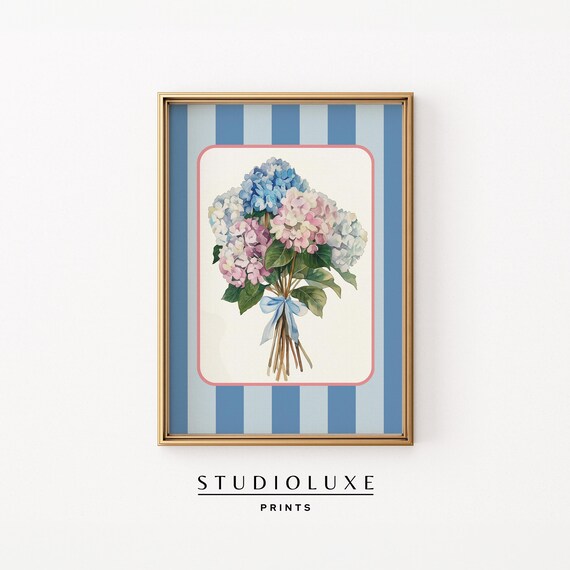 Hydrangea Bouquet on Blue Stripes with Pink Border Floral Poster