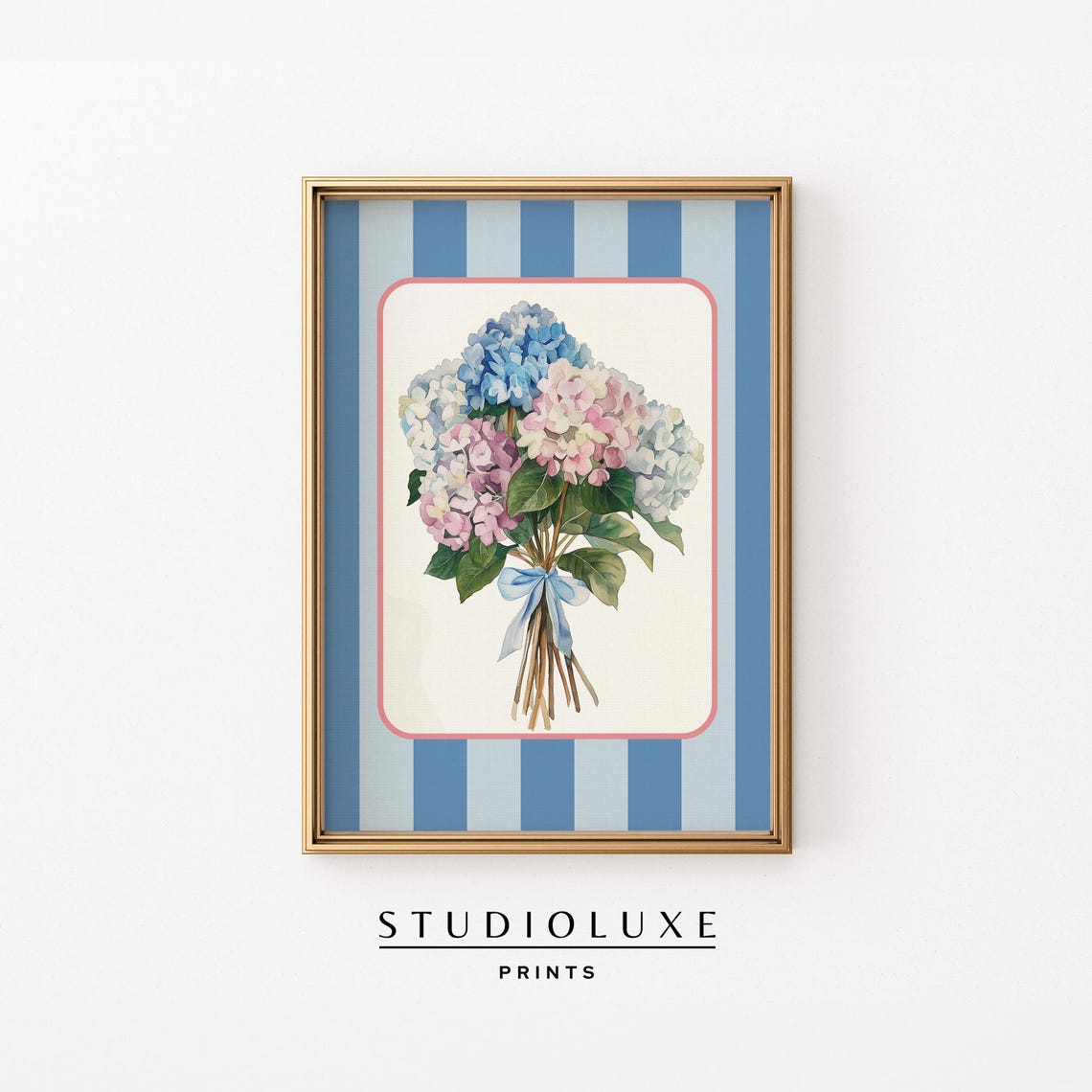 Hydrangea Bouquet on Blue Stripes with Pink Border Floral Poster