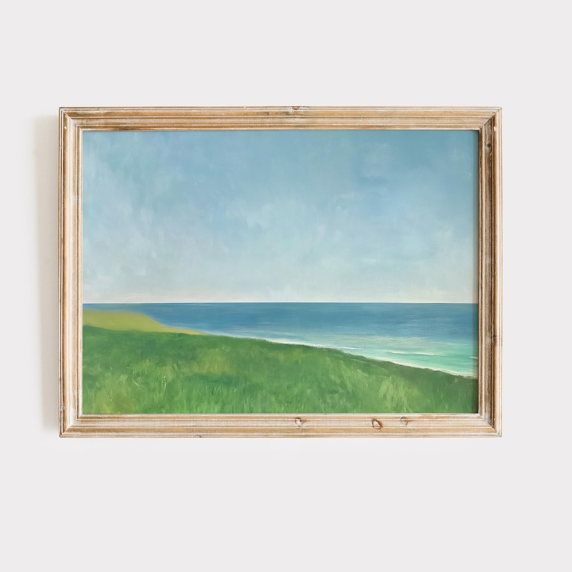 Green Meadow Meeting Blue Ocean Horizon Minimalist Seascape Poster