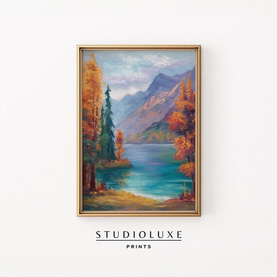 Autumn Mountain Lake Poster, Turquoise Water with Golden Fall Trees