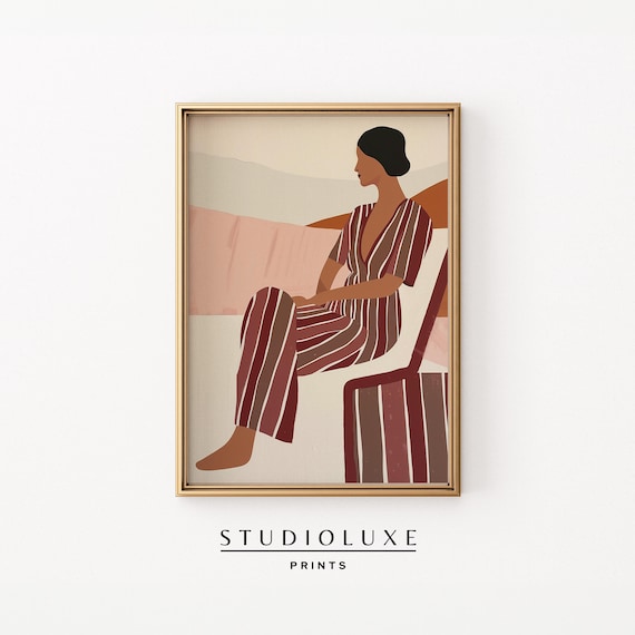 Woman In Burgundy Striped Jumpsuit Desert Minimalist Portrait Poster