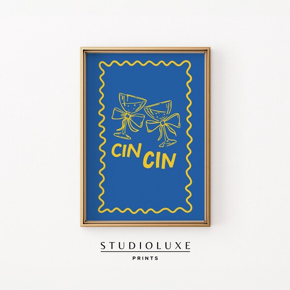 Cin Cin Cocktail Glasses Blue Coquette Kitchen Bar Cart Decor Poster