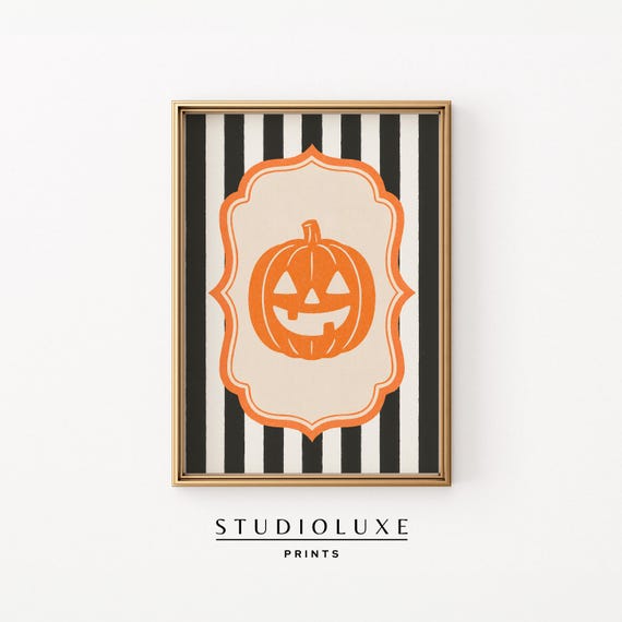 Jackolantern Halloween Wall Art Vintage Pumpkin With Black White Stripes Cute Spooky Fall Decor