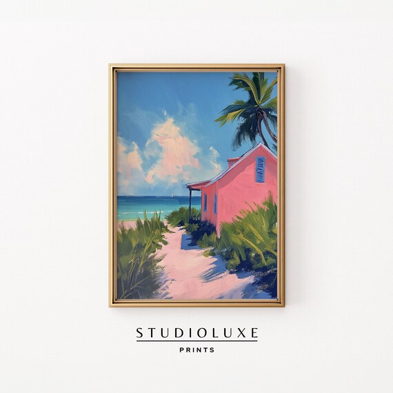 Dreamy Pink Beach Cottage with Palm Trees Facing the Ocean Poster