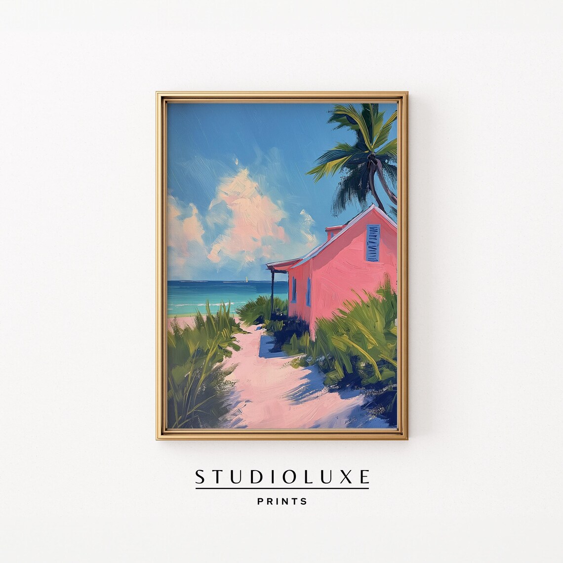 Dreamy Pink Beach Cottage with Palm Trees Facing the Ocean Poster
