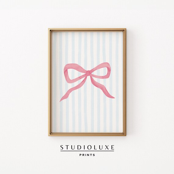 Pink Bow Ribbon on Light Blue Striped Background Coquette Poster