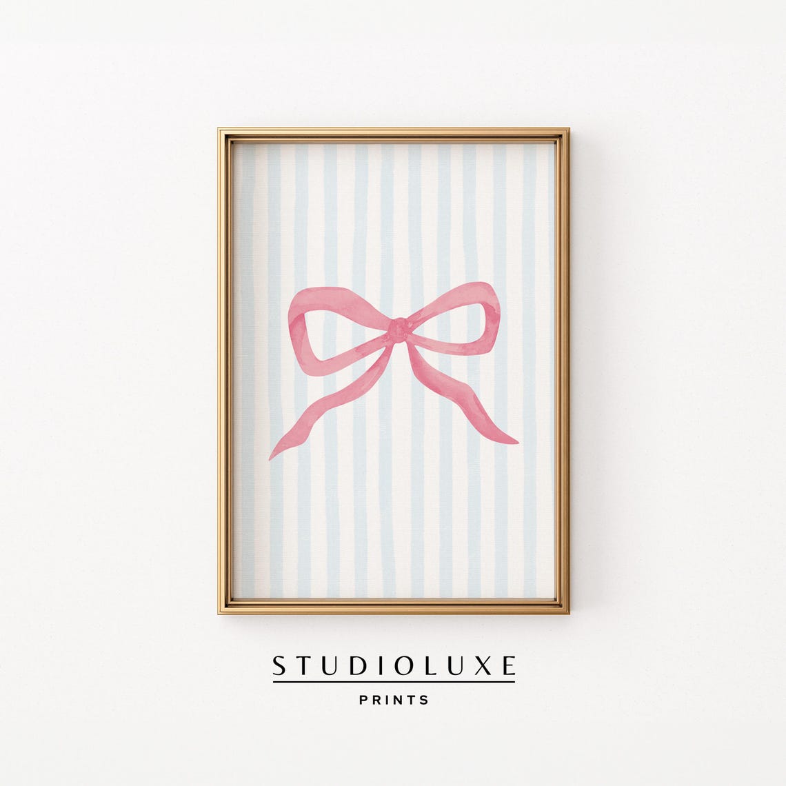 Pink Bow Ribbon on Light Blue Striped Background Coquette Poster