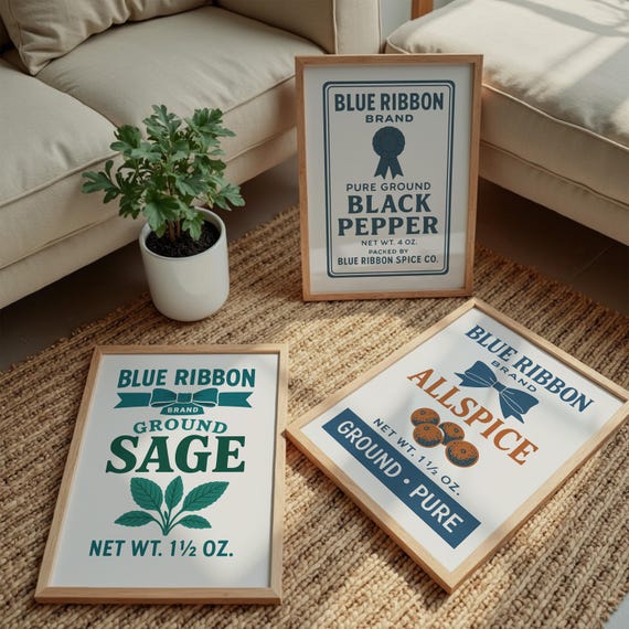 Set Of 3 Vintage Spice Prints Blue Ribbon Brand Kitchen Wall Art Featuring Sage Black Pepper Allspice Retro Food Label Decor