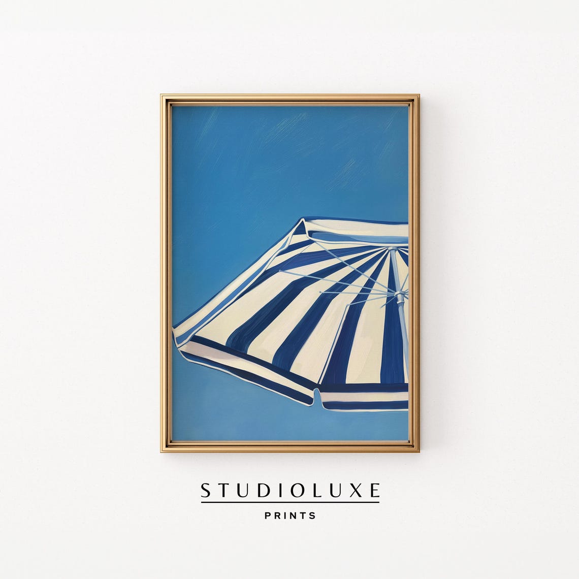 Blue And White Striped Beach Umbrella Against Clear Sky Poster