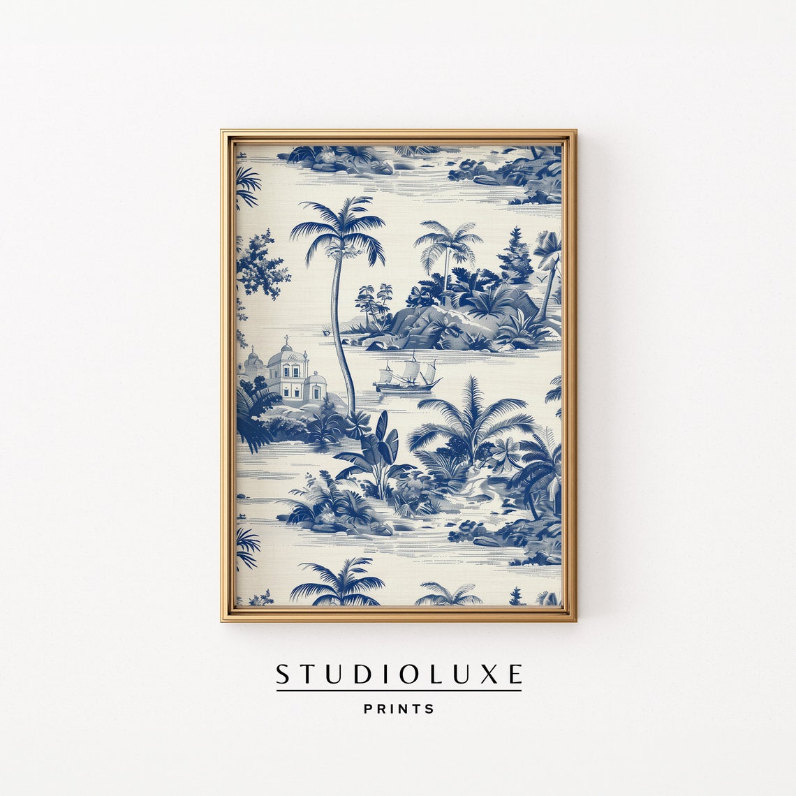 Blue and White Toile Tropical Island Pattern Wallpaper Style Poster