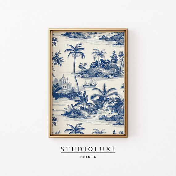 Vintage Toile Pattern Blue Wall Art Tropical Beachy Palm Orleans Print Chinoiserie