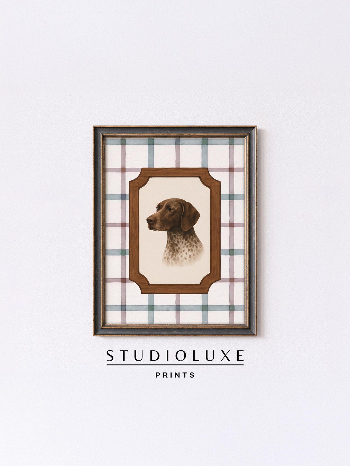 German Shorthaired Pointer Portrait Poster, Classic Dog Art on Plaid