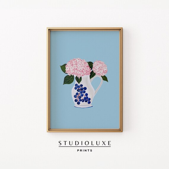Pink Hydrangeas in White Blueberry-Motif Pitcher Floral Art Print
